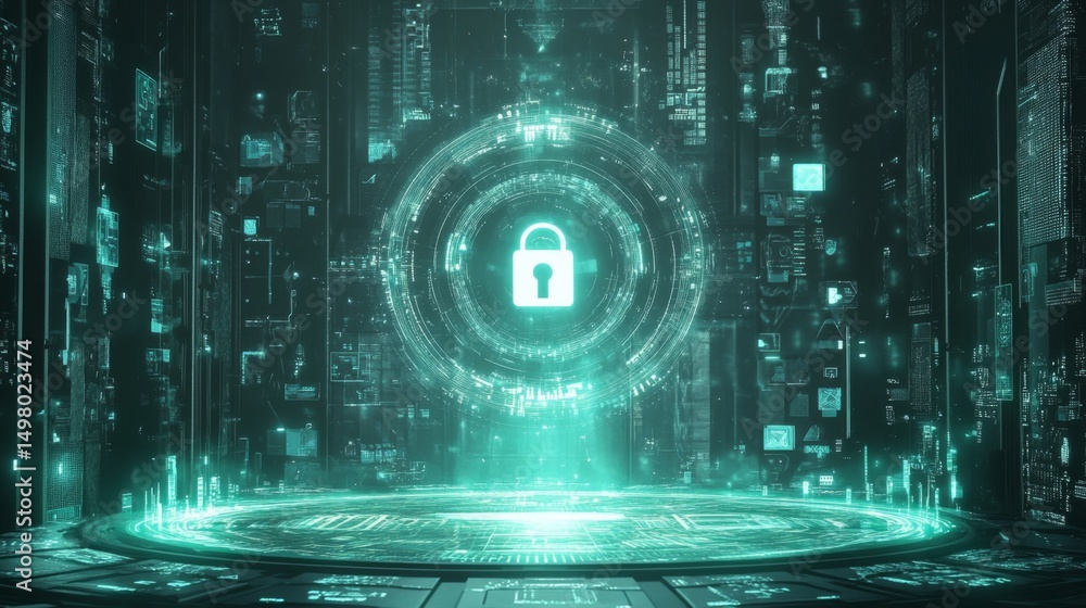 Poster futuristic digital lock activation cyber matrix 3d visualization virtual environment aerial view adv