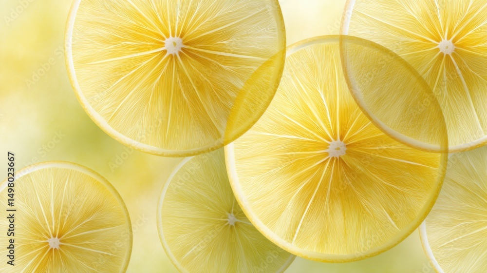 Poster 3d macro cross-section of lemon, translucent yellow segments with fibrous texture, fresh and glossy