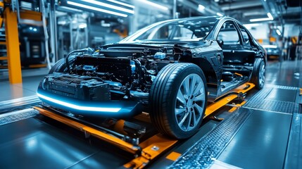 Obraz premium Innovative ev battery revolutionizes electric vehicle manufacturing in high-tech factory exploring sustainable energy solutions