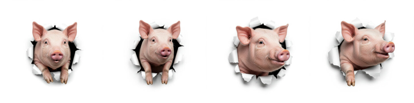 Pigs Peeking Through Holes - Four adorable piglets playfully peek through torn holes in a white background, creating a fun and charming