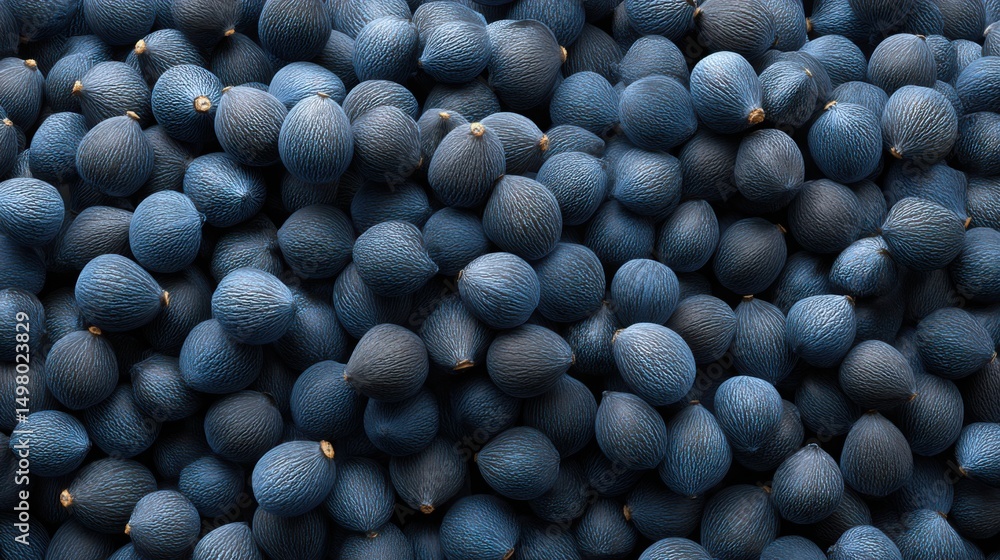 Poster 3d macro view of black poppy seeds, uniform rounded texture with subtle shadows and glossy deep blac