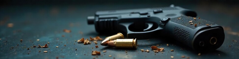 Close-up of a loaded handgun, ammunition visible, on a dark surface, emphasizing the dangerous nature of readily available weapons ,  ordnance,  object,  firearm threat