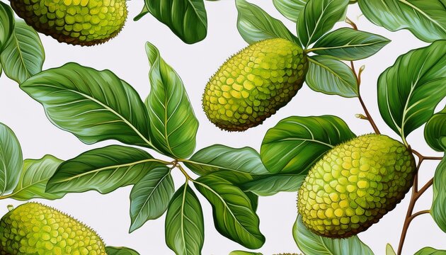 seamless pattern with breadfruit with leaves on a white background illustration