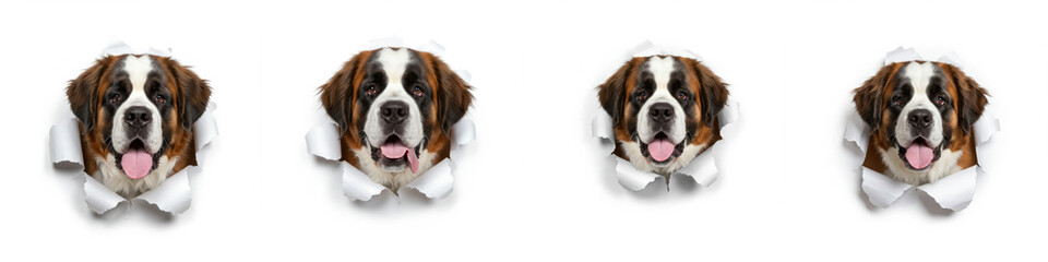 Saint Bernard Dogs Breaking Through Paper - Four adorable Saint Bernard dogs playfully bursting through torn paper, symbolizing breakthrough, playfulness, energy, friendship, and canine loyalty