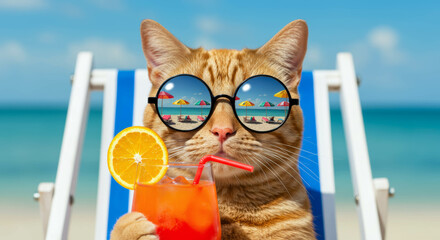 Cat wearing sunglasses, relaxing on a beach chair, enjoying a tropical drink, with a vibrant ocean backdrop, embodying a carefree summer vacation vibe and playful atmospher