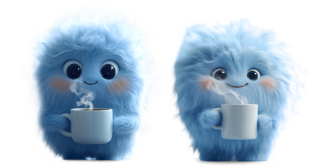 Two fluffy blue cartoon characters holding coffee mugs isolated on transparent background