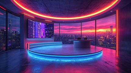 Obraz premium Modern circular newsroom neon lighting design wallpaper images