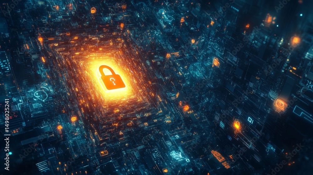 Poster illuminated lock symbol over digital matrix cybersecurity concept futuristic environment abstract vi