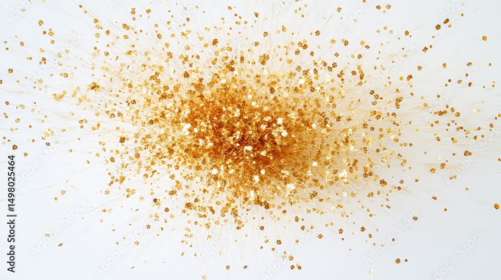 Poster dynamic golden confetti explosion in motion spa setting visual art content lively environment aesthe