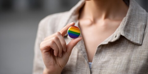 A close-up of a hand holding a pride button, symbolizing support for LGBTQ+ rights and inclusivity.