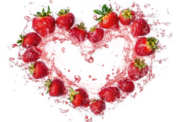 Fresh strawberries splashing in heart shape