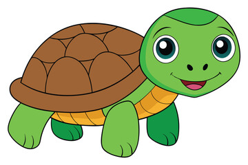Smiling Cartoon Turtle with Brown Shell and Green Head, Legs, and Tail