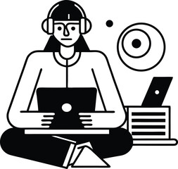 A stylized black and white illustration of a woman wearing headphones and sitting cross-legged on the floor, working on a laptop computer.