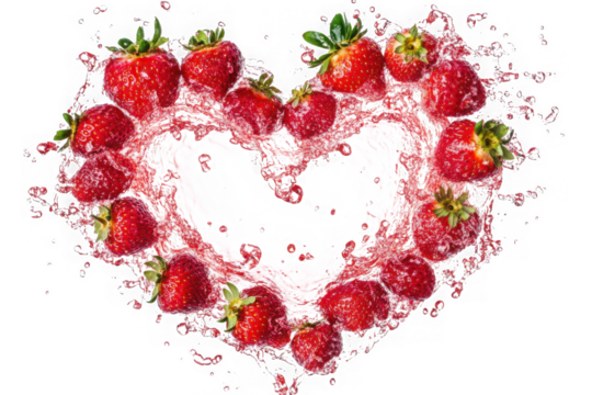 Fresh strawberries splashing in heart shape