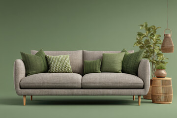 A stylish modern sofa featuring various shades of green decorative pillows is positioned against a calming green backdrop. Complementing the sofa is a decorative plant and lovely woven accents