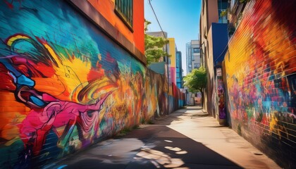Fototapeta premium urban street art colorful street art on weathered wall in city alley under sunlight with room for text