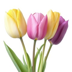 Fototapeta premium Three colorful tulips bouquet isolated on white background