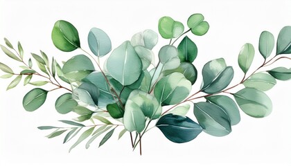watercolor bouquet of leaves and eucalyptus branch botanical herbal illustration for wedding or greeting card hand painted spring composition isolated on white background realistic eucalyptus