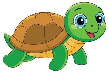 Cartoon Turtle with Brown Shell, Green Limbs, and Big Blue Eyes is Smiling