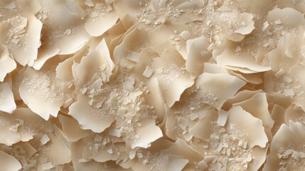 3D texture of grated Parmesan cheese, dry and flaky surface, light beige color with visible crystals 
