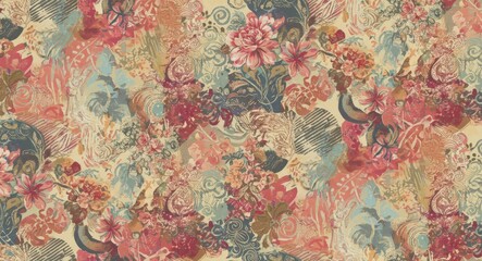 Abstract floral pattern with vibrant painted flowers and natural elements. Chaotic artistic design for fashion, textile, and wallpaper.
