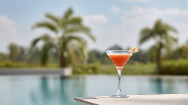 refreshing cocktail named exotica placed elegantly on table beside sparkling pool surrounded by lush palm trees and