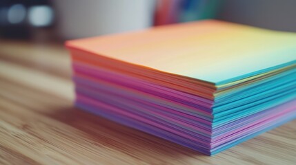 A stack of colorful paper notes on a wooden surface, blurred background.