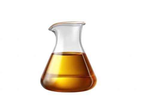 A clear glass Erlenmeyer flask holds a golden liquid, perhaps oil or a chemical, sitting against a clean white background in a simple laboratory setting.