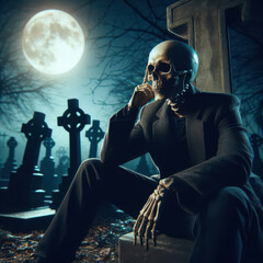 Skeleton sitting thoughtfully on a tombstone in a moonlit cemetery during autumn