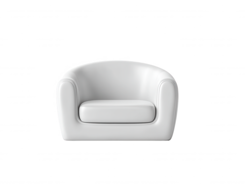 A stylish white armchair with a curved back and plush cushion sits against a clean, bright background, showcasing its modern design and inviting comfort for relaxation.