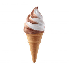 A delightful swirl of vanilla and chocolate soft serve ice cream is perfectly perched atop a crispy waffle cone, creating a sweet treat against white backdrop.