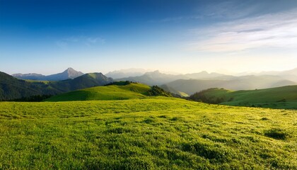 Obraz premium wide landscape scenery with beautiful green grass land and mountain range in the morning with copy space at side