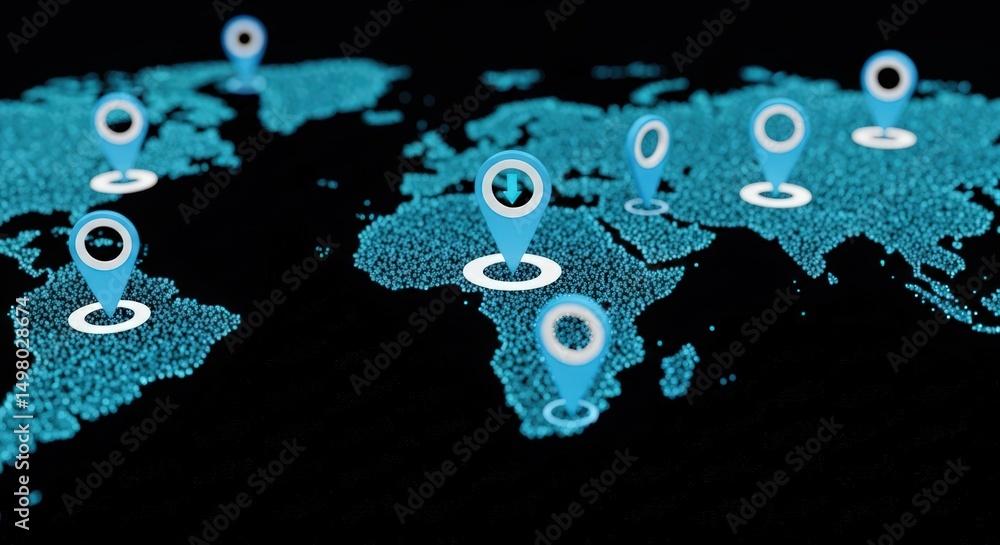 Poster blue map pin location marker on a digital world map. global network connection technology, gps navig