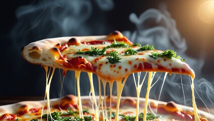 Pizza Slice with Cheese and Basil Background Food Art Design