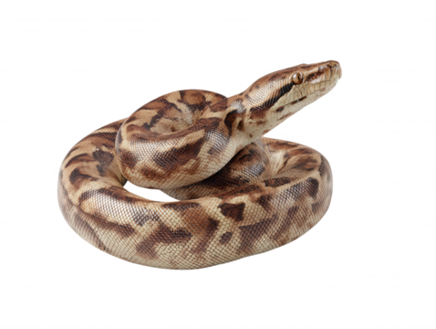 Coiled blood python with unique patterned scales, resting gracefully on a pristine white backdrop displaying its natural beauty and captivating presence perfectly.