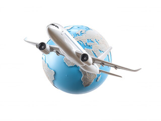 A white passenger airplane is flying around a globe with blue oceans and sandy continents on a clean white background as a symbol of worldwide travel.