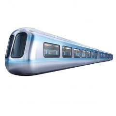 Obraz premium A futuristic high-speed train, rendered in a sleek, silver metallic finish with blue accents, stands poised on a pristine white background, showcasing modern design.