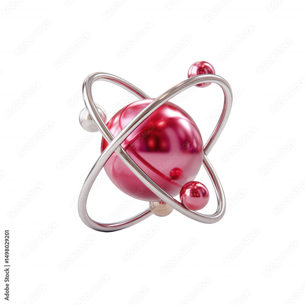 Poster a vibrant three dimensional rende features a shiny red sphere orbited by smaller metallic spheres, a