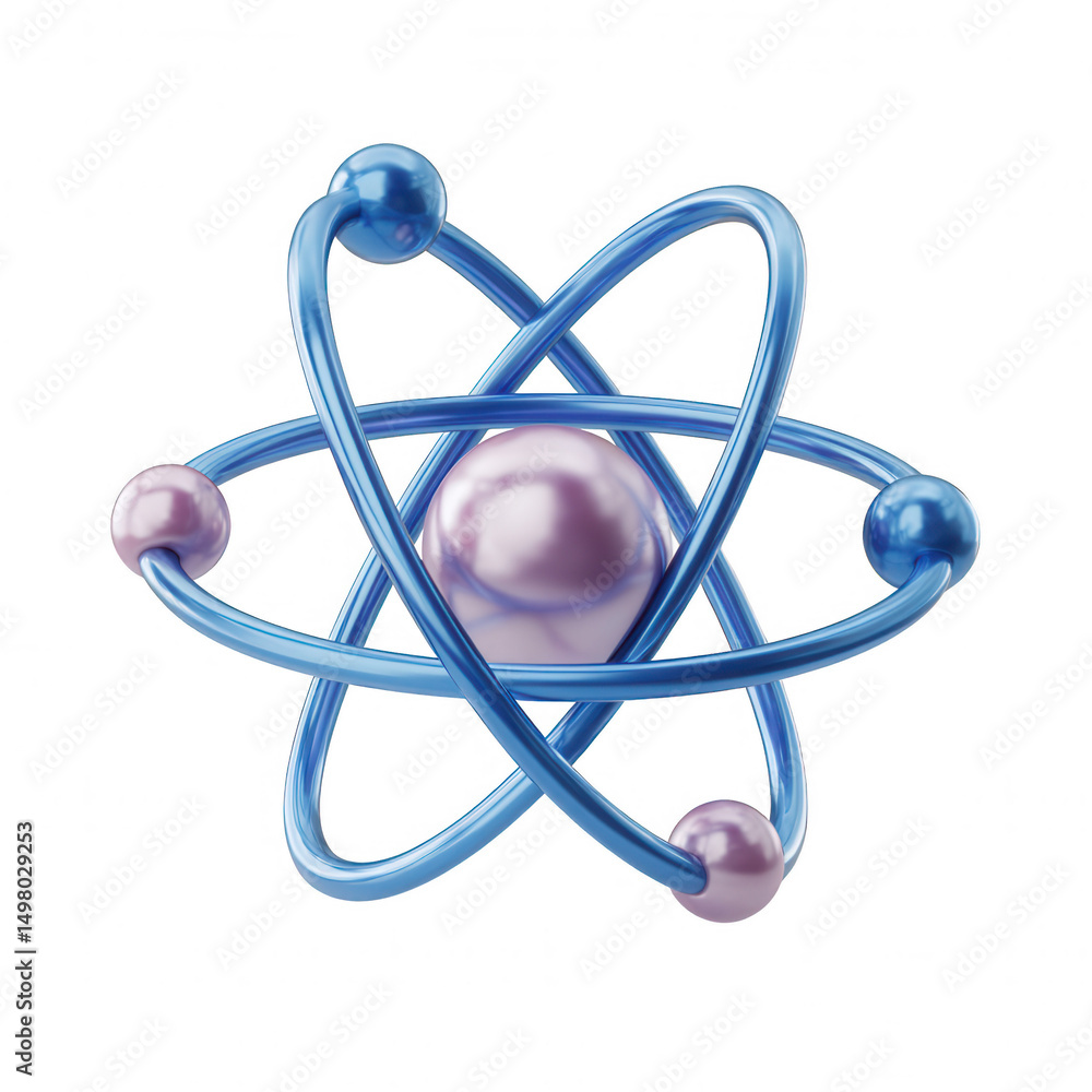Aufkleber a glossy 3d render of an atom with orbiting electrons in shades of blue and purple floats against a 