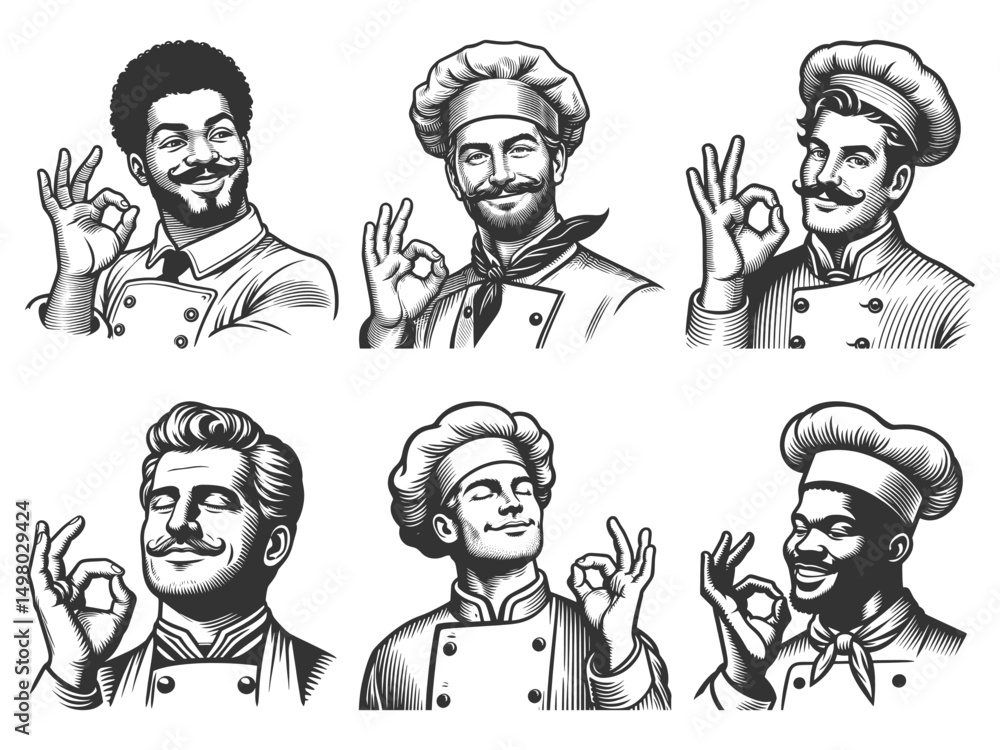 Aufkleber chef making ok hand gesture set collection bundle sketch engraving generative ai vector illustration
