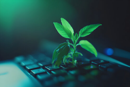 Laptop keyboard with plant growing on it, Green IT computing concept along with carbon efficient technology.