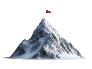 A snow covered mountain peak with a red flag blowing in the wind is isolated against a white background symbolizing achievement and successful journey ahead.