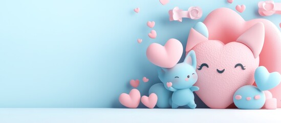 Cute cartoon animals, hearts, light blue background
