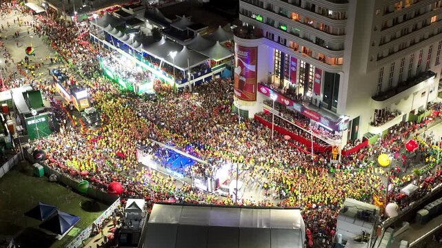 Night Carnival Party In Salvador Bahia Brazil. Famous Carnival Sambadrome Landscape Viewed From Above. Building Illuminated Urban. Town Panorama. City Landmark. Salvador Bahia.