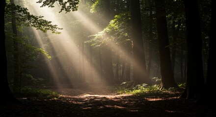 Obraz premium Sun rays beaming through forest trees. Mystical light in the woods. Magical and spiritual nature scene for fantasy story.