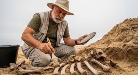 Naklejka premium Man archaeologist researcher examining prehistoric skeleton bones in sandy excavation site. Archeology and paleontological research concept.