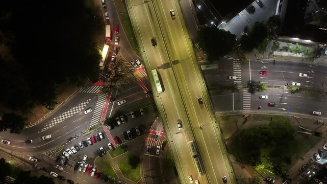 Traffic City In Porto Alegre Rio Grande Do Sul Brazil. Stunning Landscape Of Highway Road Viewed From Above. Building Metropole Skyline Birds View Stunning. Metropole Birds View Night.
