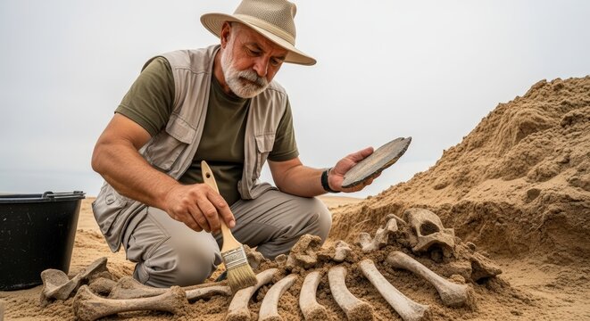 Man archaeologist researcher examining prehistoric skeleton bones in sandy excavation site. Archeology and paleontological research concept.