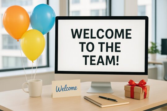 Welcome Message On Screen With Gift And Balloons In Bright Office