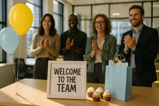Group Of Coworkers Welcoming New Team Member With Sign And Cupcakes
